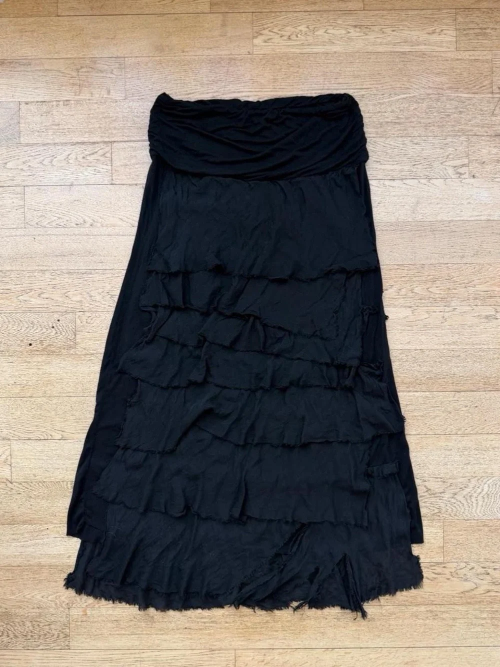 Euro Asymmetric Black Tiered Ruffle Maxi Skirt